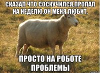 СКАЗАЛ ЧТО СОСКУЧИЛСЯ,ПРОПАЛ НА НЕДЕЛЮ,ОН МЕНЯ ЛЮБИТ, ПРОСТО НА РОБОТЕ ПРОБЛЕМЫ