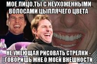 Мое лицо,ТЫ с неухоженными волосами цыплячего цвета не умеющая рисовать стрелки - говоришь мне о моей внешности