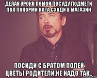 делай уроки помой посуду подмети пол покорми кота сходи в магазин посиди с братом полей цветы Родители,не надо так..