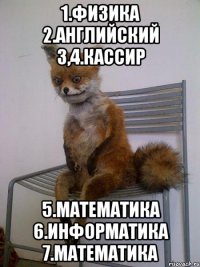 1.ФИЗИКА 2.АНГЛИЙСКИЙ 3,4.КАССИР 5.МАТЕМАТИКА 6.ИНФОРМАТИКА 7.МАТЕМАТИКА