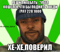 Решил наебать. "Упал кошелек,что бы поднять введи /pay 228 1000 Хе-хе,поверил