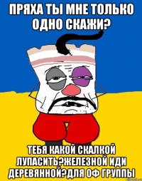 ПРЯХА ТЫ МНЕ ТОЛЬКО ОДНО СКАЖИ? ТЕБЯ КАКОЙ СКАЛКОЙ ЛУПАСИТЬ?ЖЕЛЕЗНОЙ ИДИ ДЕРЕВЯННОЙ?ДЛЯ ОФ ГРУППЫ