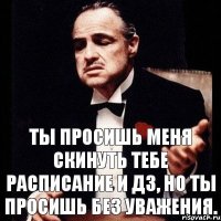 Ты просишь меня скинуть тебе расписание и дз, но ты просишь без уважения.