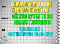 I have to get to the nearest hospital. ай хэв ту гет ту зэ ниаэст хоспитл Мне нужно в ближайшую больницу.