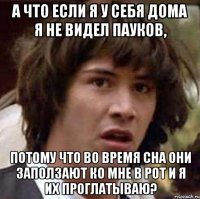 А ЧТО ЕСЛИ Я У СЕБЯ ДОМА Я НЕ ВИДЕЛ ПАУКОВ, ПОТОМУ ЧТО ВО ВРЕМЯ СНА ОНИ ЗАПОЛЗАЮТ КО МНЕ В РОТ И Я ИХ ПРОГЛАТЫВАЮ?