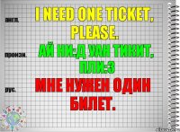 I need one ticket, please. ай ни:д уан тикит, пли:з Мне нужен один билет.