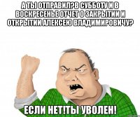 А ты отправил?В субботу и в воскресенье отчет о закрытии и открытии Алексею Владимировичу? Если Нет!Ты УВОЛЕН!