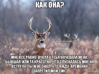 Как она? Мне все равно. Вчера у тебя ночевала жена. Бывшая. Или та красотка, что спускалась мне на встречу. Ты ж не знал, что я иду: временно запретил мои смс