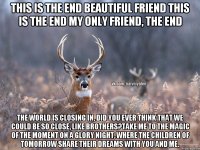 This is the end Beautiful friend This is the end My only friend, the end The world is closing in, Did you ever think that we could be so close, like brothers?Take me to the magic of the moment on a glory night, Where the children of tomorrow share their dreams with you and me.