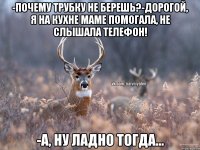 -Почему трубку не берешь?-Дорогой, я на кухне маме помогала, не слышала телефон! -А, ну ладно тогда...