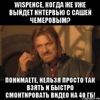 Wispence, когда же уже выйдет интервью с Сашей Чемеровым? Понимаете, нельзя просто так взять и быстро смонтировать видео на 40 Гб!