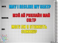 May I recline my seat? мэй ай риклайн май си:т? Могу ли я откинуть спинку?