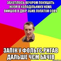 захотілось вечіром покушать ніхуя в холодільнику нема вийшов в двір збив лопатой сову запік у фольгє.ригав дальше чєм бачів