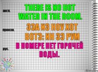 There is no hot water in the room. зэа из ноу хот вотэ: ин зэ рум В номере нет горячей воды.