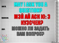 May I ask you a question? мэй ай аск ю: э куэсчен? Можно ли задать Вам вопрос?