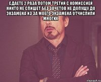 сдаете 2 раза потом третий с комиссией никто не спишет без зачетов не допущу до экзамена из за моего экзамена отчислили многих 