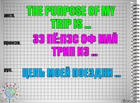 The purpose of my trip is ... зэ пё:пэс оф май трип из ... Цель моей поездки ...