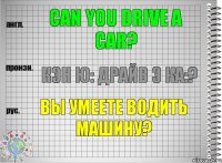 Can you drive a car? кэн ю: драйв э ка:? Вы умеете водить машину?