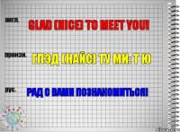 Glad (nice) to meet you! Глэд (найс) ту ми: т ю Рад с вами познакомиться!