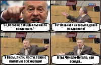 Чё, Воловик, забыла Альбиноса поздравить? Вот Конькова не забыла,давно поздравила! У Веры, Лили, Насти, тоже с памятью всё хорошо! А ты, Чучело-Пугало, как всегда...