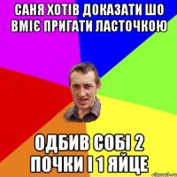 саня хотів доказати шо вміє пригати ласточкою одбив собі 2 почки і 1 яйце