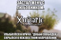 Застал жену с любовником. Улыбнулся и крича: "Добби свободен" скрылся в неизвестном направлении.