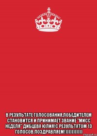  в результате голосования,победителем становится и принимает звание "Мисс Неделя" Дибцева Юлия!С результатом 13 голосов.Поздравляем!)))))))))))