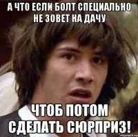 а что если Болт специально не зовет на дачу чтоб потом сделать сюрприз!