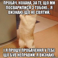 Пробач, кохана, за те, Що ми посварилися з тобою... Я визнаю, що не святий, І я прошу пробачення у тебе Що був неправий, я визнаю.