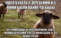 Ушёл бухать с друзьями и с ними были какие-то бабы -Я с ними даже не разговариваю, они с моими друзьями, а не со мной были -А, ну ладно тогда