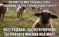 Почему ты мне только о сексе говоришь?Я тебе только ради этого?? НЕЕТ,родная...ты чего?почему ты плохого мнения обо мне?