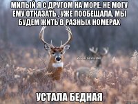 МИЛЫЙ Я С ДРУГОМ НА МОРЕ. НЕ МОГУ ЕМУ ОТКАЗАТЬ , УЖЕ ПООБЕЩАЛА. МЫ БУДЕМ ЖИТЬ В РАЗНЫХ НОМЕРАХ УСТАЛА БЕДНАЯ