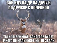 зай иду на др на дачу к подружке с ночевкой ты не переживай. алкоголя будет много но мальчиков мы не звали