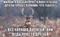 Милый , я поехала просто покататься в другой город с парнями , что такого? Всё хорошо дорогая , они ведь просто друзья