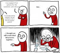 I've created 5 TLA options for the customer. Let's discuss! I've already told the customer, TLA will cost them 1 mln $. Can you propose smth fit? But.. .. I thought we will create ideal lab process together..