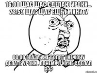 16:00 Щас щас сделаю уроки... 23:59 Щас щас ещё 1 минуту 00:00 Глаза уже болят ! не хочу делать уроки , почему я их не сделал ???