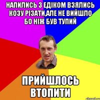 напились з Едіком взялись козу різати,але не вийшло бо ніж був тупий прийшлось втопити