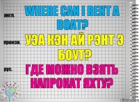 Where can I rent a boat? уэа кэн ай рэнт э боут? Где можно взять напрокат яхту?