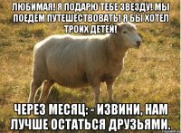 Любимая! Я подарю тебе звезду! Мы поедем путешествовать! Я бы хотел троих детей! Через месяц: - Извини, нам лучше остаться друзьями.