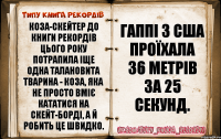 КОЗА-СКЕЙТЕР До книги рекордів цього року потрапила іще одна талановита тварина - коза, яка не просто вміє кататися на скейт-борді, а й робить це швидко. Гаппі з США проїхала 36 метрів за 25 секунд.