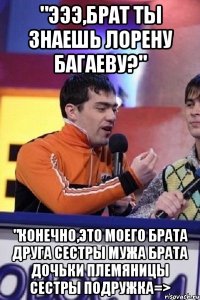 "Эээ,брат ты знаешь Лорену Багаеву?" "Конечно,это моего брата друга сестры мужа брата дочьки племяницы сестры подружка=>