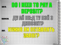 Do I need to pay a deposit? ду ай ни:д ту пэй э дипозит? Нужно ли оставлять залог?