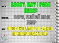 Sorry, may I park here? сори, мэй ай па:к хиа? Простите, могу я здесь припарковаться?