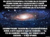 Мы целое утро Возились с ростками, Мы их посадили Своими руками. Мы с бабушкой вместе Сажали рассаду, А Катя ходила С подругой по саду. Потом нам пришлось Воевать с сорняками, Мы их вырывали Своими руками. Таскали мы с бабушкой Полные лейки, А Катя сидела В саду на скамейке. — Ты что на скамейке Сидишь, как чужая? А Катя сказала: — Я жду урожая.