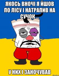 Якось вночі я йшов по лісу і натрапив на сучок ... у них і заночував