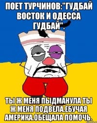 Поет турчинов:"гудбай восток и одесса гудбай". Ты ж меня пыдманула ты ж меня подвела.ебучая америка.обещала помочь.