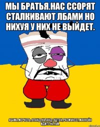 Мы братья.нас ссорят сталкивают лбами но нихуя у них не выйдет. Абама,меркель,оланд,нуланд,эштон,расмунсег,маккейн идите на хуй.