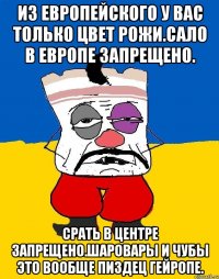 Из европейского у вас только цвет рожи.сало в европе запрещено. Срать в центре запрещено.шаровары и чубы это вообще пиздец гейропе.