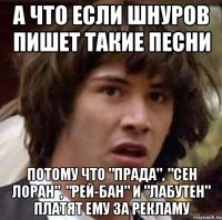 А что если шнуров пишет такие песни потому что "Прада", "Сен Лоран", "Рей-бан" и "Лабутен" платят ему за рекламу