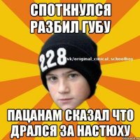 споткнулся разбил губу пацанам сказал что дрался за Настюху